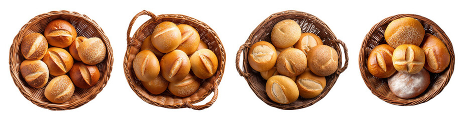Freshly baked bread rolls arranged in baskets, showcasing their golden crusts and softness.