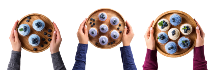 Hands holding colorful dessert trays featuring delicious pastries and berries.