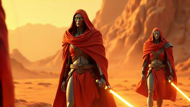 Three futuristic Martian warriors in red cloaks, holding glowing orange energy swords, stand in a desert Mars landscape with rocky formations under a golden sunset, exuding mystery and power