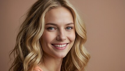 Fototapeta premium Smiling young woman with blonde long groomed hair isolated on pastel flat background with copy space. Blonde hair care products banner template, hair salon