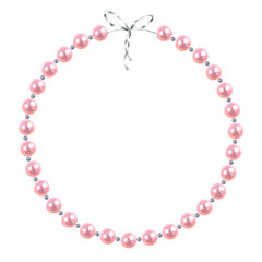 Pink pearl circle frame with bow. Hand drawn watercolor illustration of bead necklace on isolated background. Design element for wedding Invitation, photo or romantic holidays. Realistic elegant style