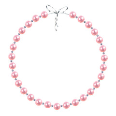 Pink pearl circle frame with bow. Hand drawn watercolor illustration of bead necklace on isolated background. Design element for wedding Invitation, photo or romantic holidays. Realistic elegant style