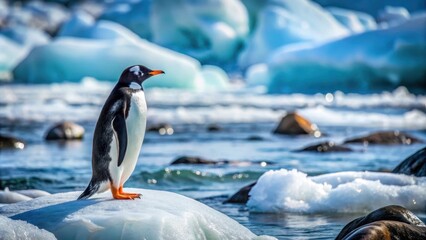 Fototapeta premium Penguin standing on rocky shoreline with icy waters in the background, surrounded by snow and ice formations, icy waters, frozen tundra