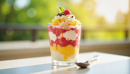 Colorful parfait in round glass cup on sunny balcony, joyful indulgence
