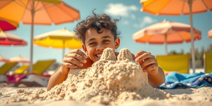 A young boy is playing in the sand and smiling. The scene is set at a beach with several umbrellas providing shade