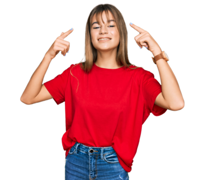 Teenager caucasian girl wearing casual red t shirt smiling pointing to head with both hands finger, great idea or thought, good memory - Powered by Adobe
