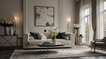 Black and white themed living room with designer couch and large windows in open concept space Contemporary Interior Design Inspiration