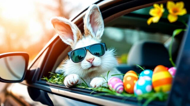 A cheerful Easter bunny wearing sunglasses, surrounded by colorful Easter eggs, sitting in a car trunk. Bright and joyful springtime scene celebrating Easter traditions