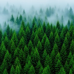 Misty green forest landscape with lush coniferous trees