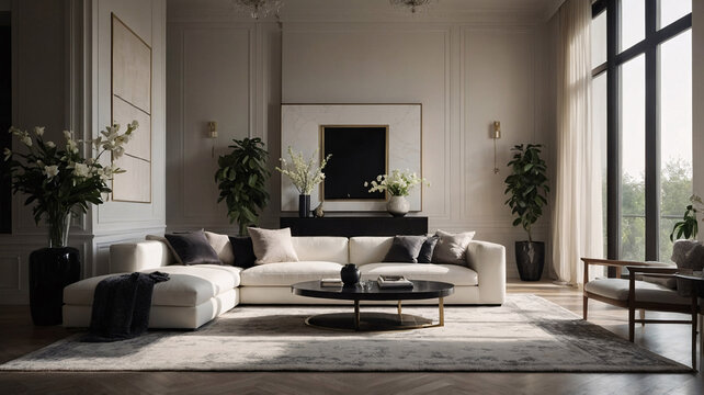 Bright contemporary living room with sleek black and white theme and large windows Contemporary Interior Design Inspiration