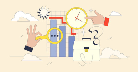 Unemployment rate visualized with hands pointing at a clock, magnifying glass, and graph. Neubrutalism hands concept