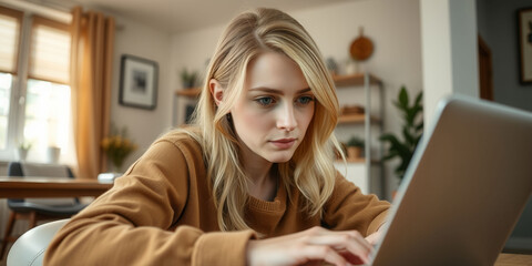 Fototapeta premium A woman is sitting at a desk with a laptop and a cup of coffee. She is typing on the laptop and she is focused on her work. Concept of productivity and concentration