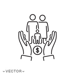 cash social help icon, financial assistance family, fund child allowance, government support wellbeing, care poor, thin line symbol concept isolated on white background, editable stroke eps 10 vector