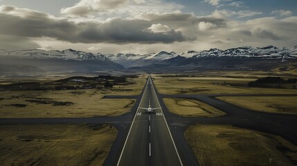 Aerial view of an empty airport runway with a single airplane parked under cloudy skies, symbolizing flight cancellation and travel disruption
