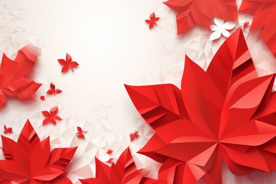 Red origami leaves and flowers creating a beautiful floral pattern over a white polygonal background, perfect for nature themed designs