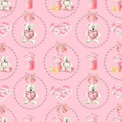 Seamless pattern with Teddy bear, gift boxes, roses, pearl wreath. Watercolor illustration of Valentine's background for wrapping paper or textile design on pink backdrop. Drawing of textile ornament