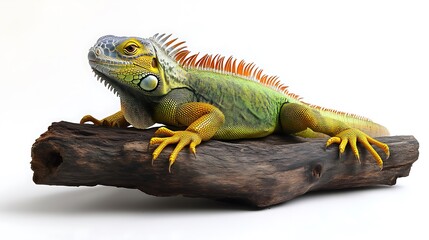 Fototapeta premium Green Iguana on Driftwood: A Vibrant, Detailed Portrait