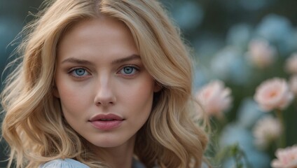 Naklejka premium Natural Beauty Amidst Flowers. A woman surrounded by flowers showcases her natural beauty and grac