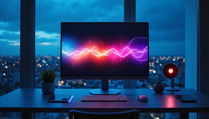 Fototapeta premium Colorful digital waveforms on sleek monitor in minimalist workspace, creativity