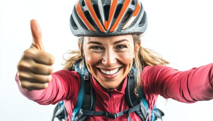 A smiling cyclist wearing a helmet and sporty attire celebrates a successful ride in the mountains, showing enthusiasm with a thumbs-up gesture as the sun shines brightly. Generative AI