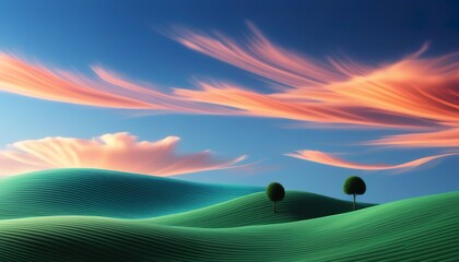 A single tree stands atop gently rolling, textured green hills under a vibrant sunset sky with streaks of peach and pink clouds. Serene landscape