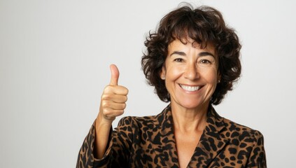 A woman with curly hair beams with happiness, giving a thumbs up gesture. Her leopard print blazer adds a touch of flair, showcasing her confident spirit in a positive moment. Generative AI