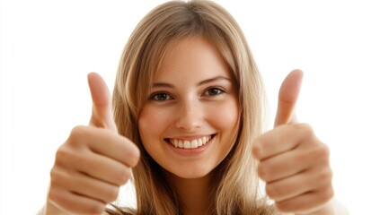 A joyful young woman flashes a radiant smile while giving a thumbs up. Her long hair frames her face, enhancing the feeling of positivity and confidence in a bright setting. Generative AI