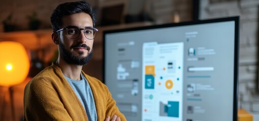 Marketer standing near a digital business presentation display