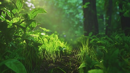 Fototapeta premium A lush green forest with sunlight shining through the trees