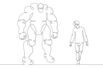 A young man controls a large robot using a virtual reality helmet . Robotics and programming. One continuous drawing line  logo single hand drawn art doodle isolated minimal illustration.