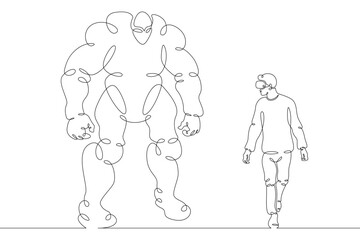 A young man controls a large robot using a virtual reality helmet . Robotics and programming. One continuous drawing line  logo single hand drawn art doodle isolated minimal illustration.