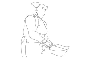 Woman chef prepares food in the restaurant kitchen. Chef cook in uniform.One continuous drawing line  logo single hand drawn art doodle isolated minimal illustration.