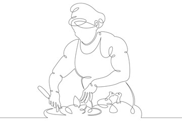 Woman chef prepares food in the restaurant kitchen. Chef cook in uniform.One continuous drawing line  logo single hand drawn art doodle isolated minimal illustration.