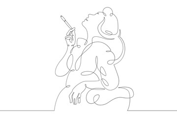 Young woman smokes a cigarette in the mouthpiece. One continuous drawing line  logo single hand drawn art doodle isolated minimal illustration.