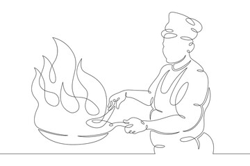 Woman chef prepares food in the restaurant kitchen. Chef cook in uniform.One continuous drawing line  logo single hand drawn art doodle isolated minimal illustration.