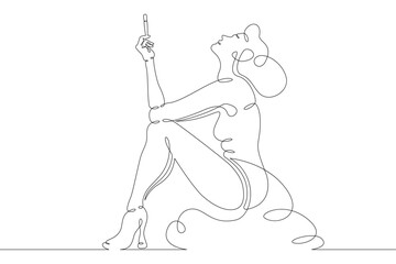 Young woman smokes a cigarette in the mouthpiece. One continuous drawing line  logo single hand drawn art doodle isolated minimal illustration.