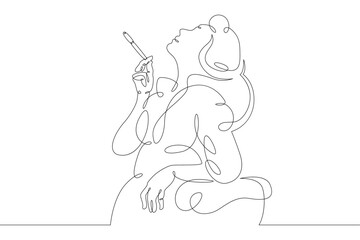 Young woman smokes a cigarette in the mouthpiece. One continuous drawing line  logo single hand drawn art doodle isolated minimal illustration.
