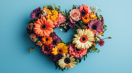 Top View Arrangement of Colorful Flowers Forming a Heart Shape, Vibrant and Romantic Design, Placed on a Soft Blue Background, Perfect for Valentine’s Day, Wedding, or Floral-Themed Creative Projects
