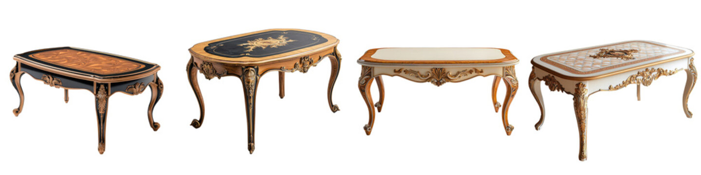 Exquisite vintage wooden tables showcasing the intricate craftsmanship and lavish decorative elegance of the Baroque era  The ornately carved and embellished furniture pieces feature rich