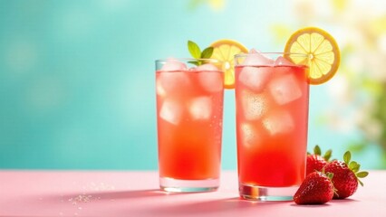Refreshing Strawberry Lemonade Drinks with Ice and Mint Garnish on Pink Surface