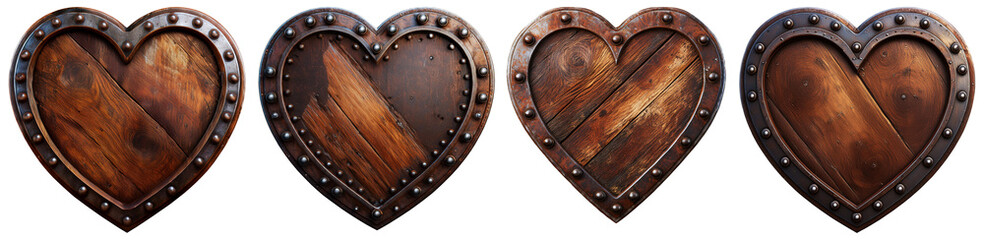 Fototapeta premium Set of rusty metal and wooden hearts with studs and copy space, isolated on transparent or white background. Png. Collection and variation. Generative Ai.