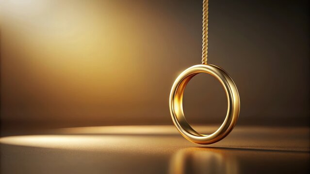 A delicate golden ring suspended from a sturdy rope, hanging majestically in the air, its intricate design catching the light as it sways gently , minimalist, elegance