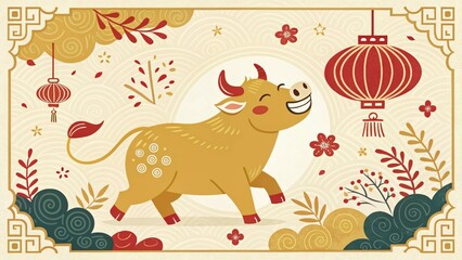 Fototapeta premium Smiling Golden Ox Chinese New Year Festive Motifs Copy Space
