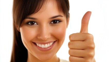 A young woman with long dark hair smiles widely while giving a thumbs up. Her expression conveys confidence and joy, set against a light, neutral background that enhances her uplifting demeanor.