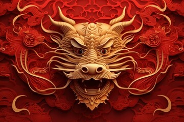 Golden dragon head emerging from an intricate red paper cut design, celebrating chinese culture and mythology