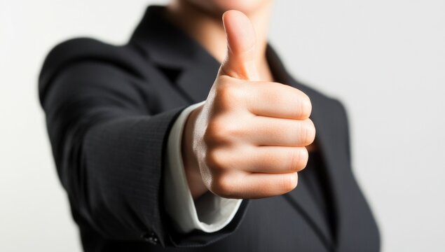 Displaying a positive attitude, a well-dressed woman confidently offers a thumbs up, symbolizing success and approval in a contemporary office setting. Generative AI