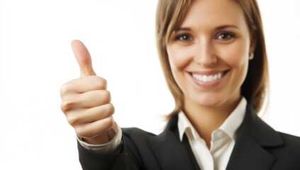 A woman with a warm smile gestures a thumbs up, showcasing her confidence and positivity. Dressed in elegant business wear, she radiates professionalism and assurance. Generative AI