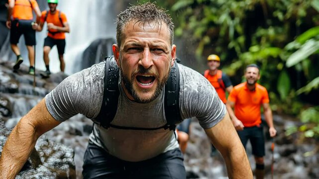 Man is climbing a mountain with a group of people. He is wearing a backpack and he is struggling