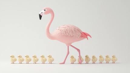 Obraz premium A pink flamingo is walking in front of a group of baby flamingos