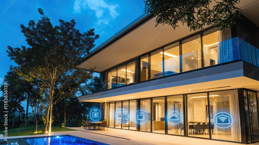 Poster smart home automation program launch event modern residence digital content evening setting aerial v